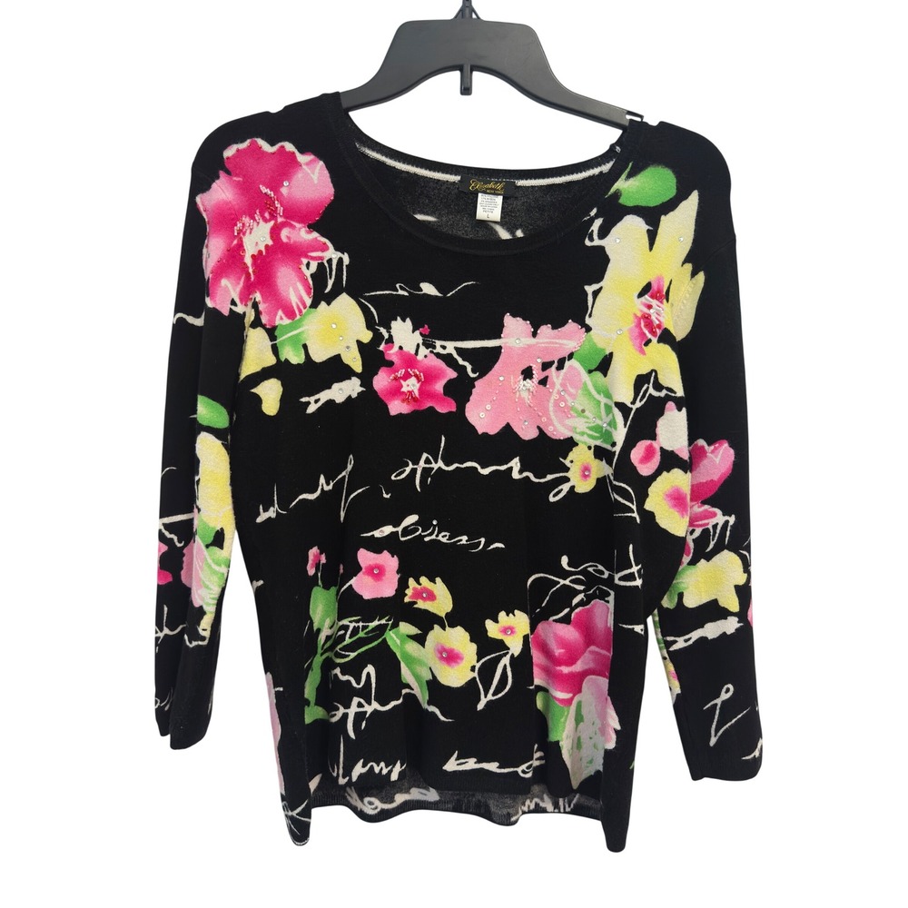 Elizabeth New York Floral Beaded Sweater Black Viscose Blend Petite L 3/4 Sleeve